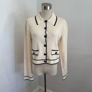 Cream Structured Cardigan Sweater with Black Accents